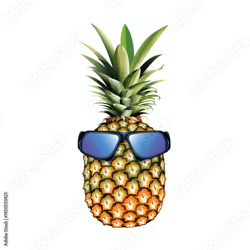 A playful and vibrant illustration of a pineapple wearing cool blue sunglasses. This trendy tropical design adds a fun, summery vibe to any project or product.