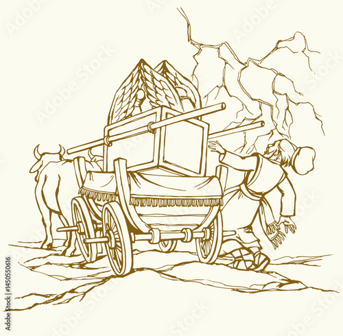 Vector drawing. The ark of the covenant being transported on a wooden cart pulled by two oxens