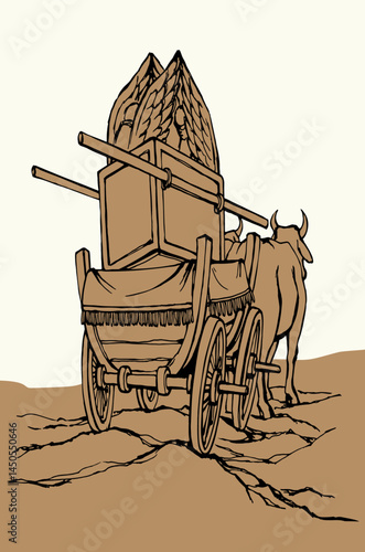 Vector drawing. The ark of the covenant being transported on a wooden cart pulled by two oxens