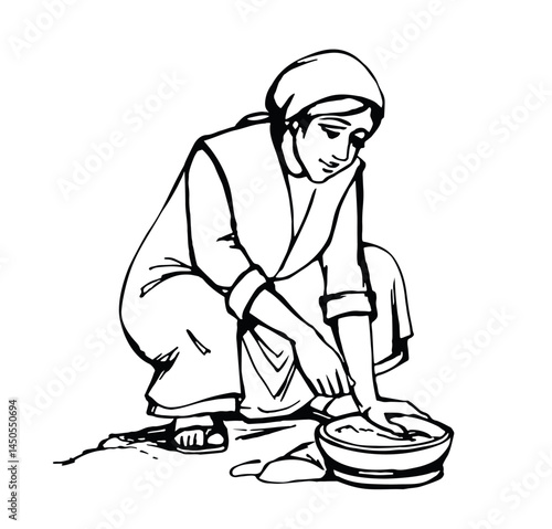 Vector illustration. Woman picks up stones