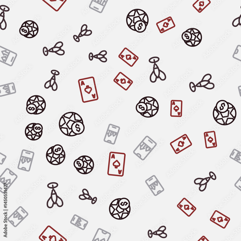 Set line Football betting money, Dart arrow, Online sports and Playing card with spades symbol on seamless pattern. Vector Set line Football betting money, Dart arrow, Online sports and Playing card with spades symbol on seamless pattern. Vector