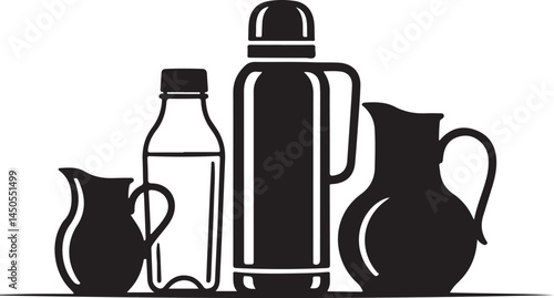 Silhouette Vector Collection of Beverage Containers in Black Featuring Thermos, Bottles and Jugs for Kitchenware, Cafe Branding and Culinary Designs