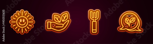 Set line Sun, Leaf in hand, Garden pitchfork and . Glowing neon icon. Vector