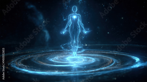 Glowing human form in sci-fi portal — a detailed and modern 3D-style concept ideal for tech visuals, infographics, marketing materials, and futuristic digital presentations.