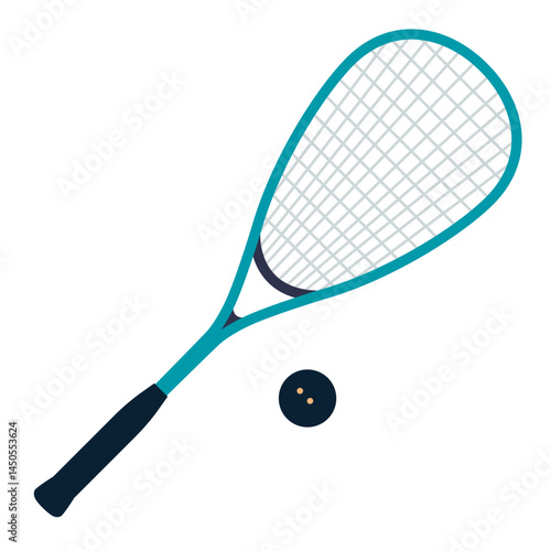 Squash racket and ball. Simple sports equipment design for racket games and athletic club themes. Modern vector illustration isolated on white background, hand drawn, flat design