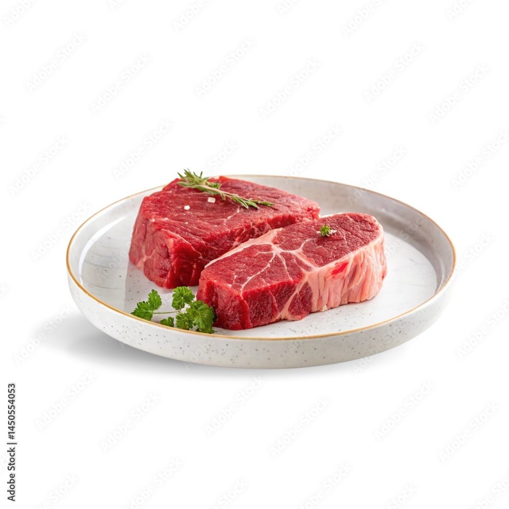 Raw beef chunks in ceramic plate isolated on white background. Raw beef chunks in ceramic plate isolated on white background.