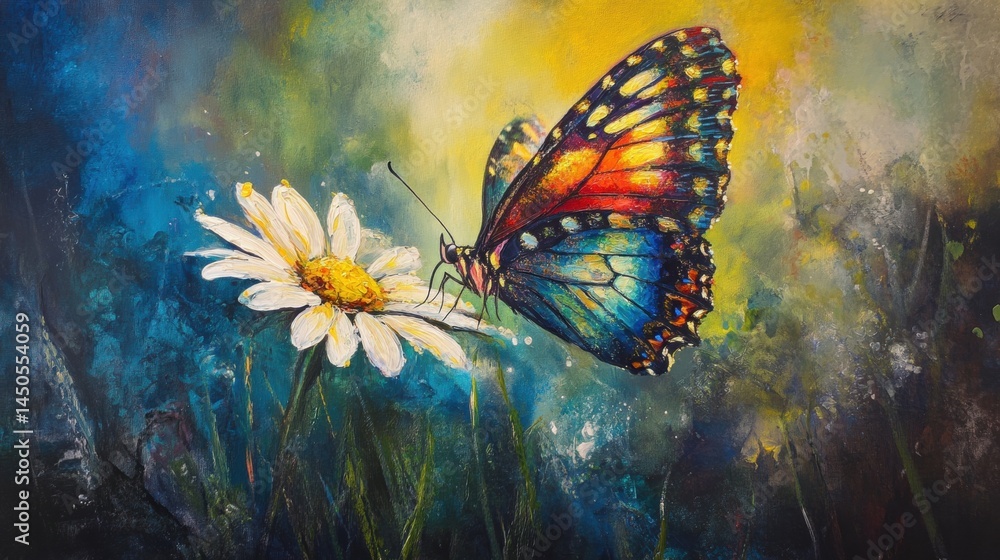 Vibrant butterfly feeding on a daisy in a colorful landscape painting. Vibrant butterfly feeding on a daisy in a colorful landscape painting.