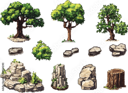 Set of pixel objects: trees, bushes, stones