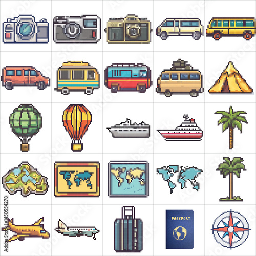 Large set of pixel travel icons