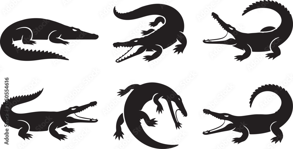 Obraz premium Crocodile Silhouette Vector Collection in Black Featuring Aggressive Poses for Wildlife Decor, Reptile Mascots, Jungle Art and Nature Designs