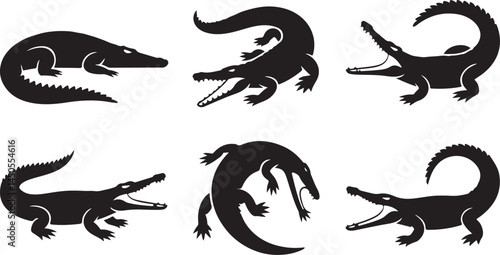 Crocodile Silhouette Vector Collection in Black Featuring Aggressive Poses for Wildlife Decor, Reptile Mascots, Jungle Art and Nature Designs