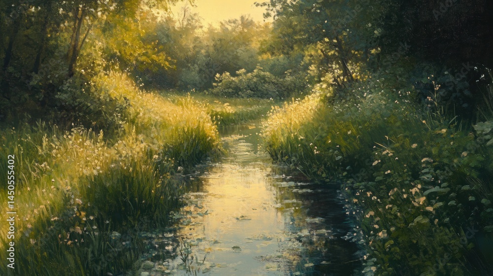 Obraz premium Sunlight streams through a meadow beside a shallow creek.
