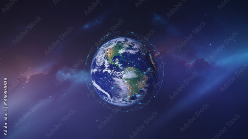 Glowing Earth with abstract network connections, symbolizing global connectivity and unity in a vast universe.
Glowing Earth with abstract network connections, symbolizing global connectivity and unity in a vast universe.
