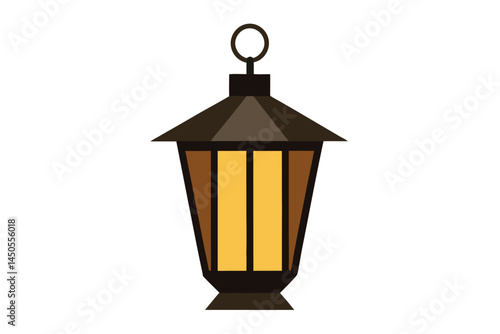 A classically designed brown and golden lantern emanating light on white background