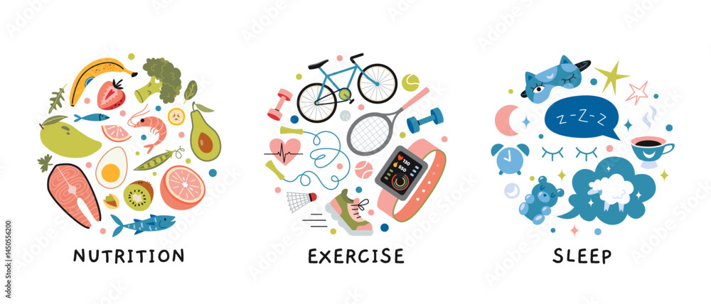 Infographic of three essential health pillars like nutrition, exercise and quality sleep. Flat vector illustration for wellness, fitness and healthy lifestyle concepts Infographic of three essential health pillars like nutrition, exercise and quality sleep. Flat vector illustration for wellness, fitness and healthy lifestyle concepts