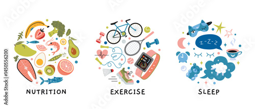 Infographic of three essential health pillars like nutrition, exercise and quality sleep. Flat vector illustration for wellness, fitness and healthy lifestyle concepts