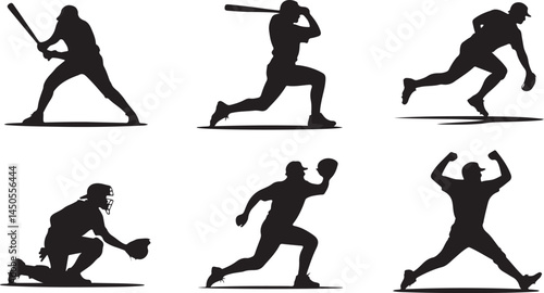 Baseball Player Silhouette Vector Collection in Black Featuring Batting, Pitching, Catching and Running Poses for Sports Logos and Game Designs