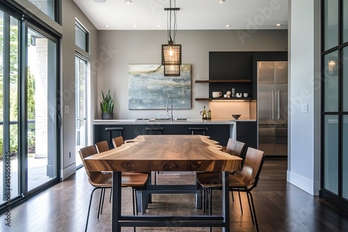 A contemporary dining room with a minimalist design, a wood-and-metal dining table, and industrial lighting that adds an urban feel