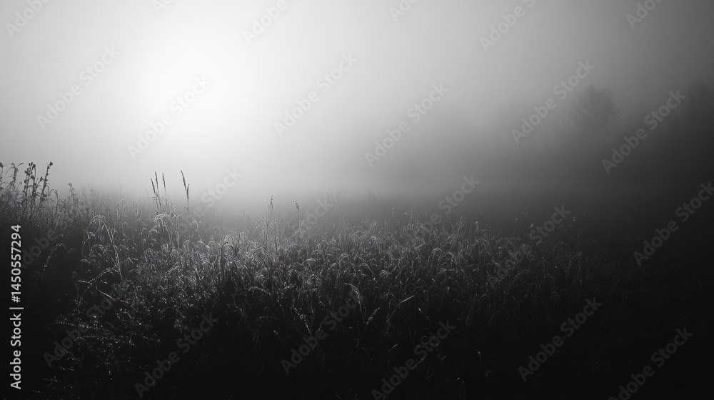 Naklejka premium Foggy field scene in monochrome.