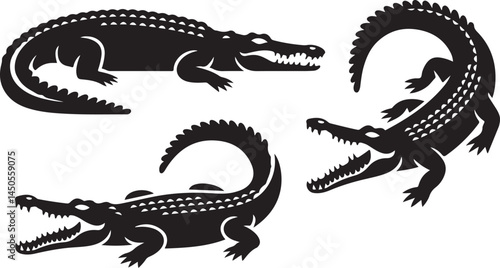 Crocodile Silhouette Vector Collection in Black Featuring Aggressive Poses for Wildlife Decor, Reptile Mascots, Jungle Art and Nature Designs