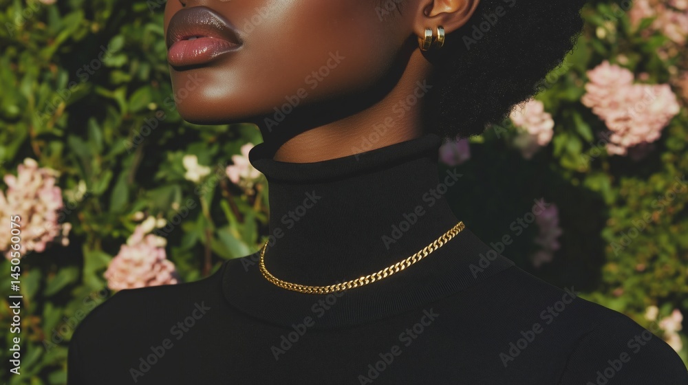 Elegant gold necklace on African American woman