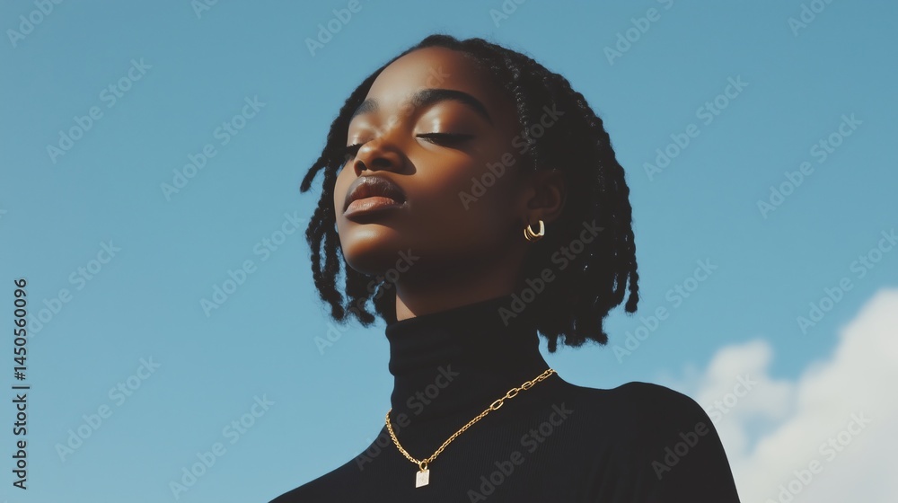 Elegant gold necklace on African American woman