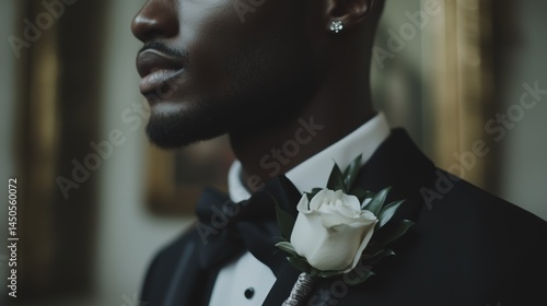 Obraz na płótnie Elegant groom dressed in black tuxedo with white rose boutonniere w salonie