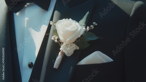 Elegant groom dressed in black tuxedo with white rose boutonniere