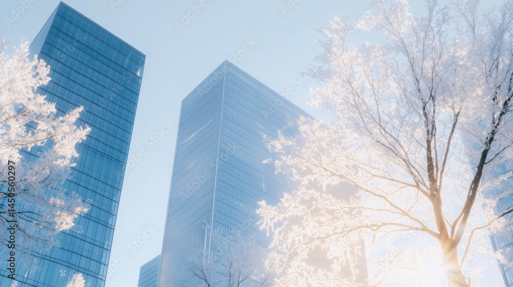 Modern skyscrapers in serene winter cityscape