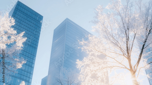 Obraz na płótnie Modern skyscrapers in serene winter cityscape w salonie