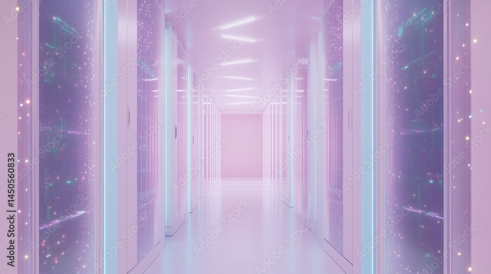 Vibrant pink server room with futuristic digital technology corridor