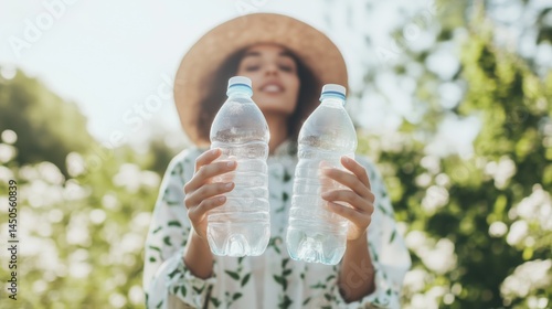 Woman holding plastic bottles for environmental recycling