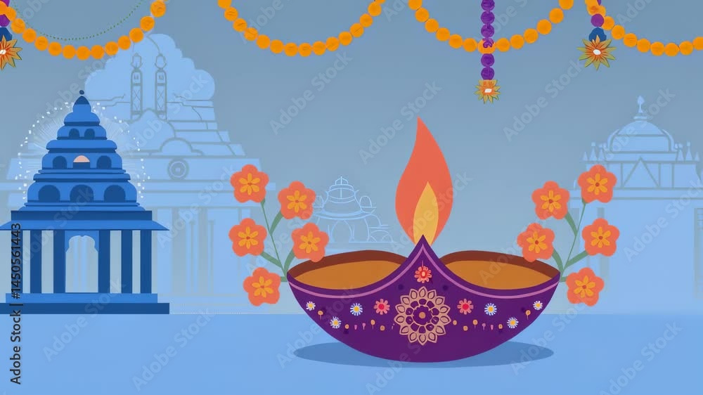 Diya oil lamp with flame and flowers with garlands. Diwali hindu festival of light decoration for greeting card, celebration invitation and traditional indian culture. Diya oil lamp with flame and flowers with garlands. Diwali hindu festival of light decoration for greeting card, celebration invitation and traditional indian culture.
