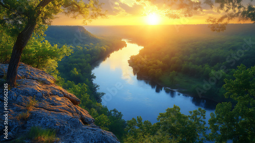 serene winding river and lush forests of the arkansas ozark mountains bathed in sunlight