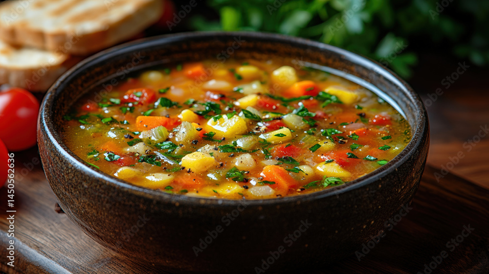 A hearty bowl of vegetable soup with corn, carrots, and beans, garnished with parsley A hearty bowl of vegetable soup with corn, carrots, and beans, garnished with parsley