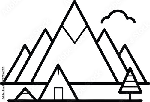 Tourist campsite in continuous line art drawing style, capturing the essence of outdoor camping with a minimalist artistic approach that reflects the peaceful and adventurous spirit.