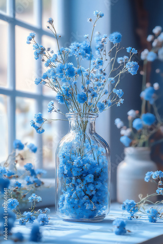 small glass bottle filled with blue baby's breath