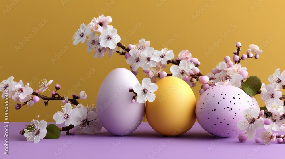 Spring Easter Egg: Delicate spring blossoms adorn a trio of pastel Easter eggs, a perfect image that embodies the freshness and joy of the season, painted by the soft colors of springtime. Spring Easter Egg: Delicate spring blossoms adorn a trio of pastel Easter eggs, a perfect image that embodies the freshness and joy of the season, painted by the soft colors of springtime.
