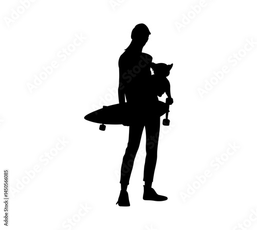 Silhouette of a woman holding a skateboard.