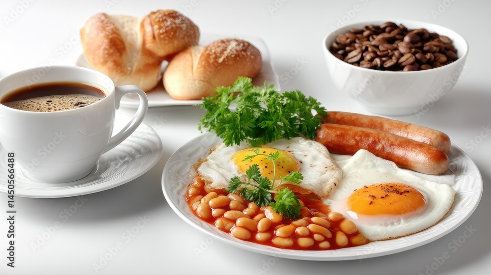 A Hearty Breakfast: A classic breakfast arrangement featuring a cup of coffee, eggs, sausages, and baked beans alongside rolls and cereal. A scene of simple pleasures. A Hearty Breakfast: A classic breakfast arrangement featuring a cup of coffee, eggs, sausages, and baked beans alongside rolls and cereal. A scene of simple pleasures.
