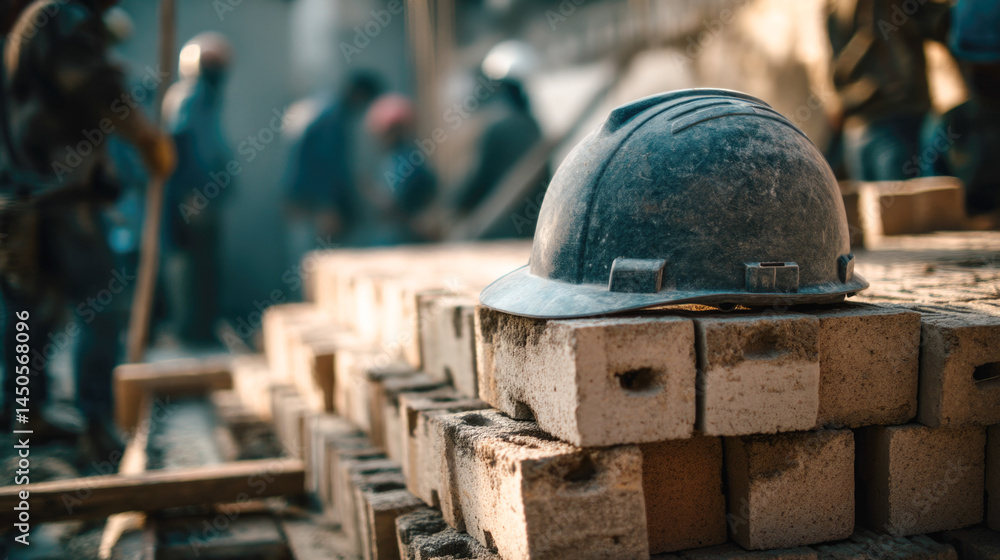 Construction site with helmet on bricks and workers in background during daytime Construction site with helmet on bricks and workers in background during daytime