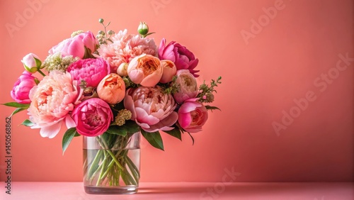 Wallpaper Mural A bouquet of pink and peach peonies arranged in a clear glass vase against a coral background. Torontodigital.ca