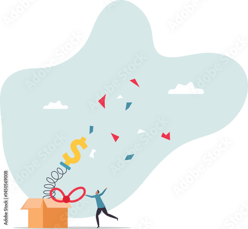 Surprise money or reward, bonus or salary raise, investment profit, dividend or high return stock, lucky giveaway or winning prize.character for design.