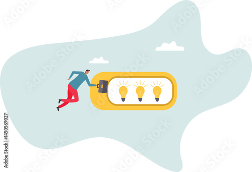 Turn on new idea, solution or innovation to solve problem, enable knowledge or creativity, toggle lightbulb idea invention,character for design.