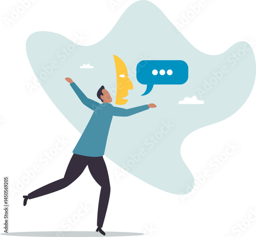 Dishonesty, lies or scam, fraud or fake hiding behind disguise mask, business cheating or suspicion false or fake news .character for design.