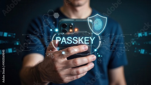 Person using a mobile phone with a digital passkey overlay.