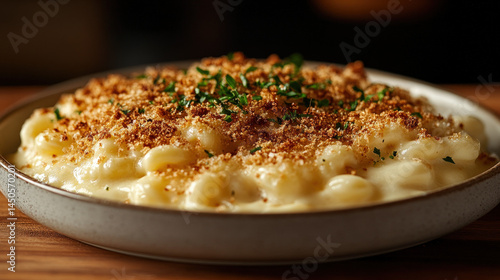 A close-up of a creamy, cheesy macaroni and cheese dish topped with a golden-brown breadcrumb crust and fresh parsley