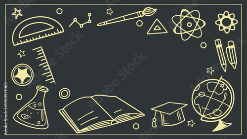 Dark background with light yellow educational doodles (book, cap, globe, beaker, pencils, ruler, brush, atom)