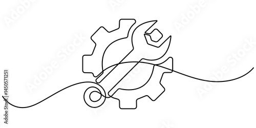 Setting icon continuous one line drawing vector illustration. Single continuous line of screwdriver and wrench. Continuous one line drawing of machine gear. Editable stroke. 