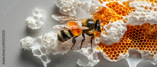 Detailed macro shot of a bee on honeycomb. Great for educational materials or nature themed projects. Perfect for close up detail or backgrounds.